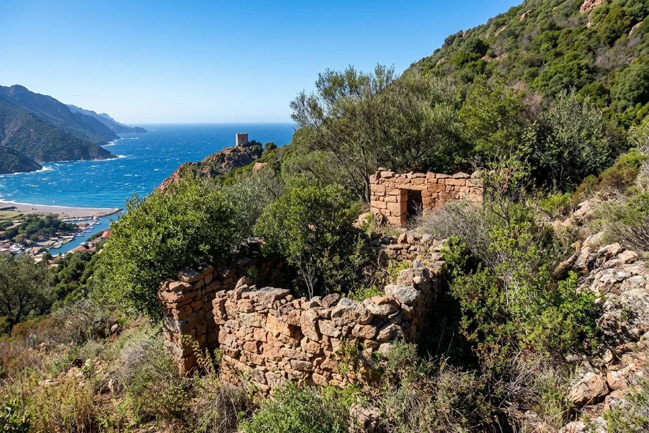 Ruins of a dry-stone shepherd's hut overlooking Porto harbour and its Genoese tower