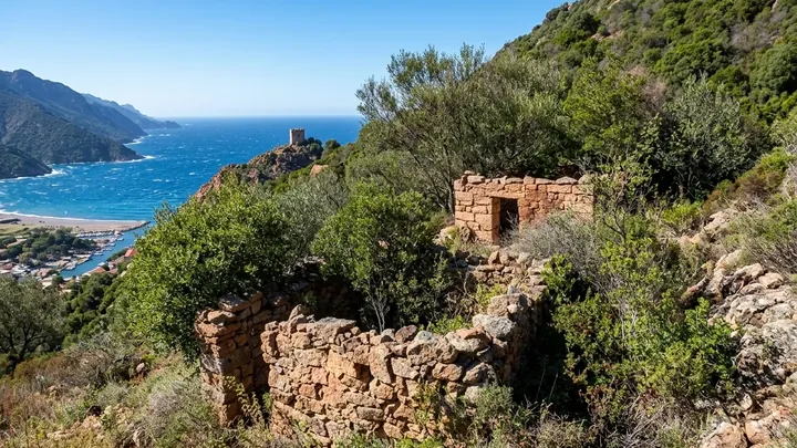 Ruinen einer Trockensteinhütte und Genueserturm über dem Golf von Porto