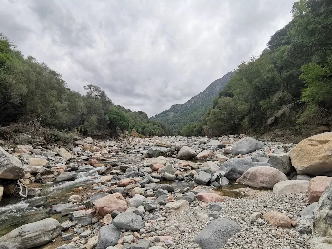 Wide riverbed of pink and grey boulders, a thin stream and wooded mountains