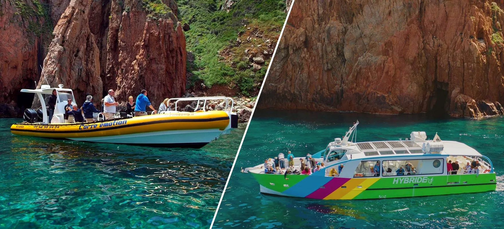 The yellow RIB of Corse Émotion and the large hybrid boat of Via Mare, side by side in the Gulf of Porto