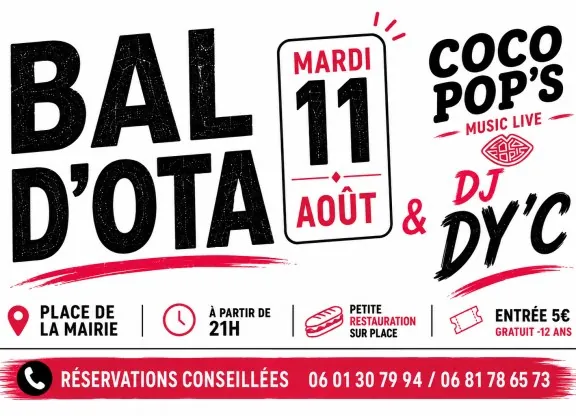 Affiche du Bal d'Ota du 11 août 2026 : Coco Pop's en live et DJ DY'C, place de la Mairie